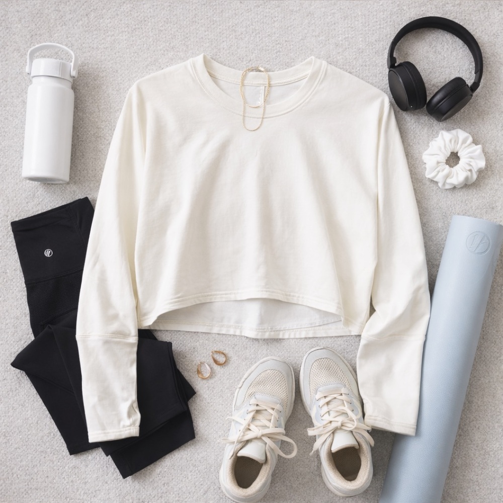 Lululemon | White Cropped Long Sleeve Top | Thumbholes | Size 6 (Est.) - Picture 2 of 5
